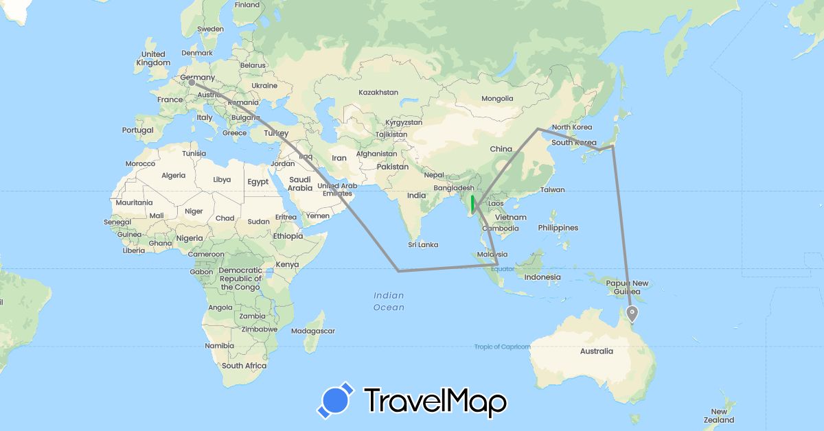 TravelMap itinerary: driving, bus, plane in Australia, China, Germany, Japan, Myanmar (Burma), Maldives, Singapore, Thailand (Asia, Europe, Oceania)